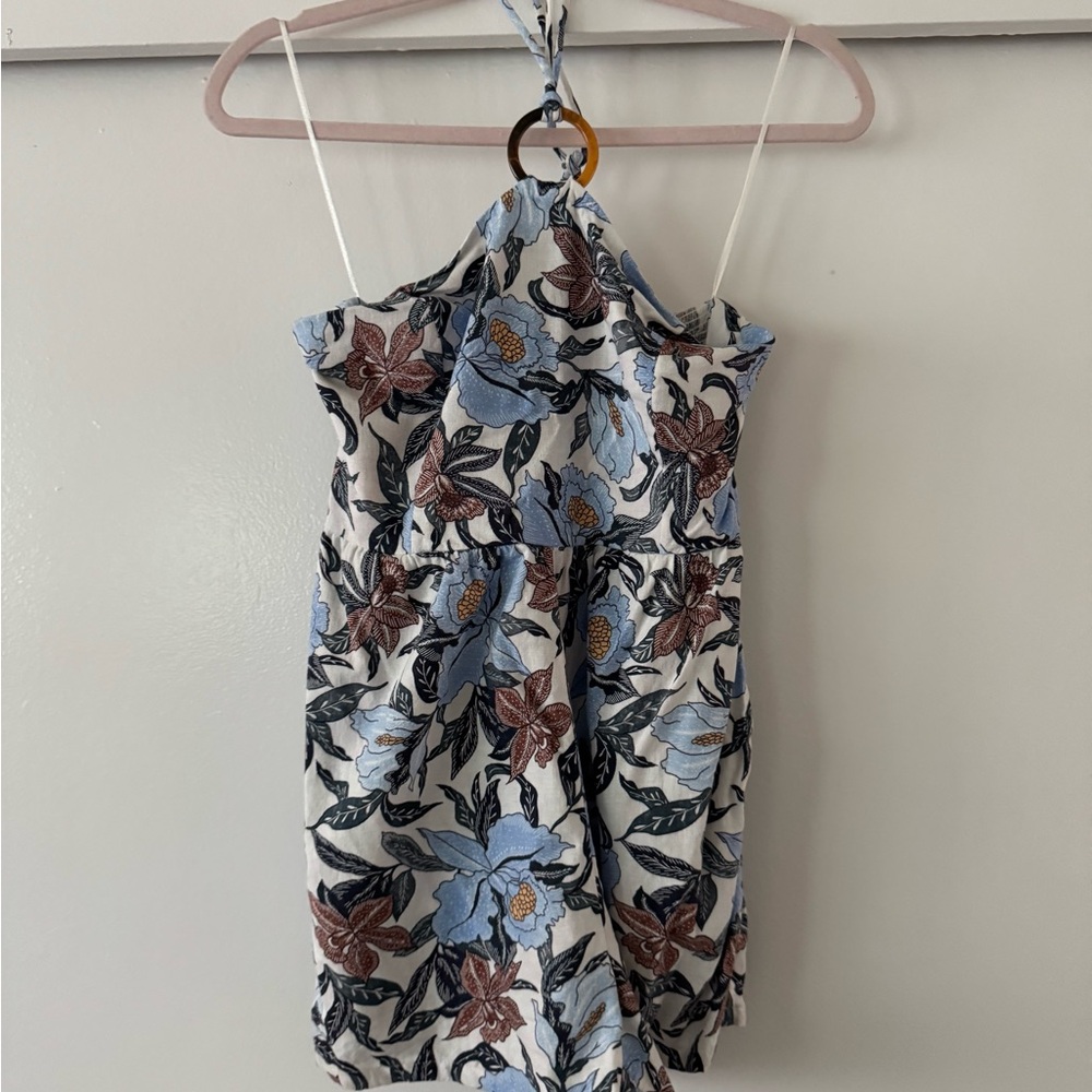 Floral Halter Dress with Blue and Brown Accents